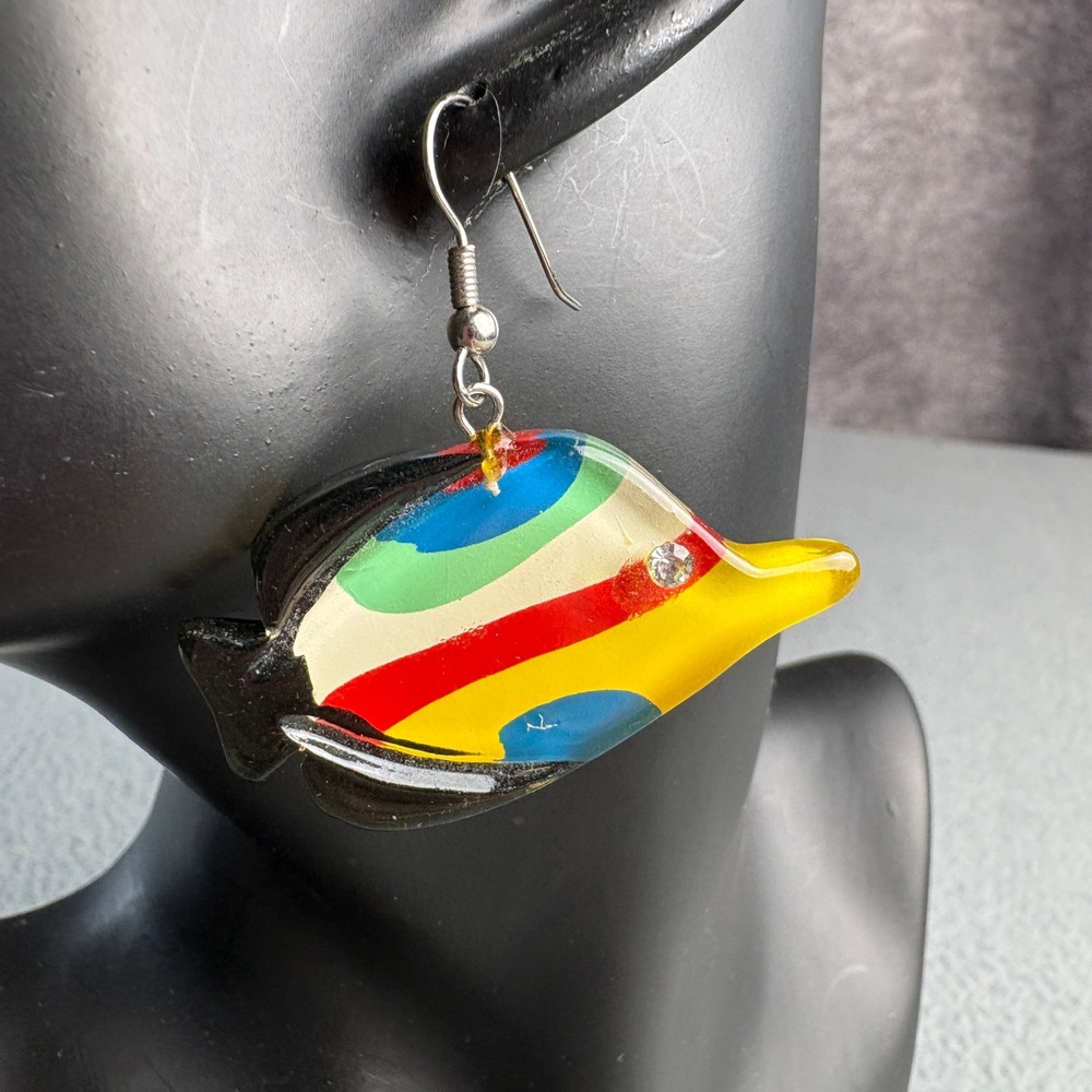 Vintage Style Multi Color Resin Tropical Fish Drop Earrings Rhinestone Eye